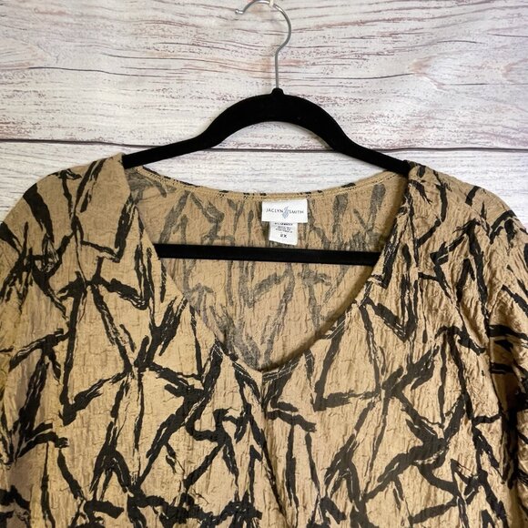 VTG Jacqueline Smith Blouse 2X Gauze Crinkle Stretch Brown Black Geometric - Picture 3 of 10